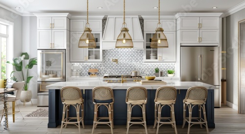 The luxurious feel of a modern combine kitchen and dining room, marble countertops, pendant light fixture. tawassul