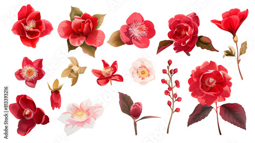 Set of winter blooms including camellia, hellebore, and witch hazel, isolated on transparent background