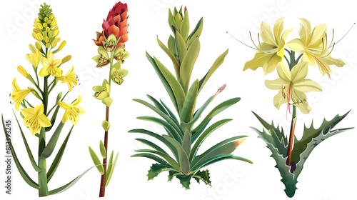 Set of drought tolerant flowers including agave, aloe, and yucca, isolated on transparent background