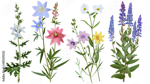 Set of mountain flowers including edelweiss, bellflower, and saxifrage, isolated on transparent background