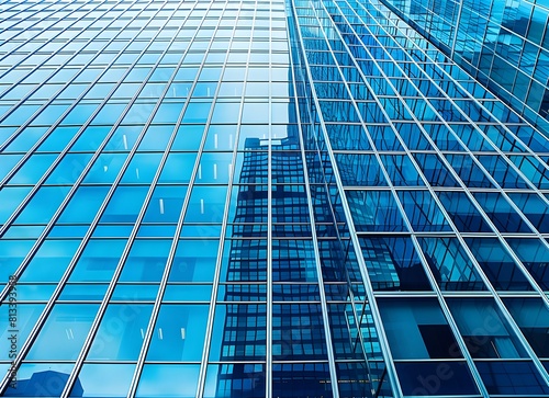 Close up of a modern glass building facade with blue windows, a business center visible in the city background 