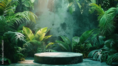 The lush green foliage of the jungle surrounds a simple stone pedestal, creating a natural and exotic scene