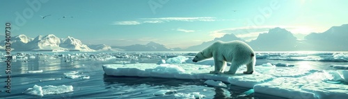A polar bear clings to a small, thin ice sheet, the melting ice around creating wide open waters