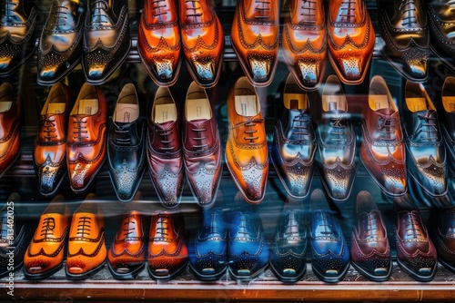A shoe store with shelves full of different shoes arranging from formal shoes to casual sneakers, neatly lined up in a contemporary