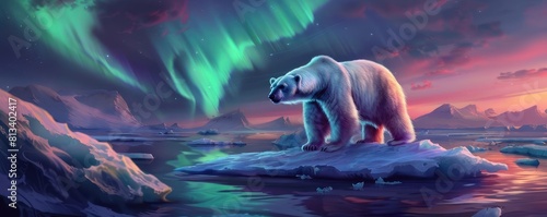 A polar bear on a melting iceberg, illuminated by the shimmering Northern Lights, symbolizing global warmings impact on the Arctic