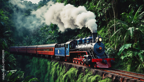 An old steam locomotive rushes through the dense jungle. a long train line-up. the train is traveling over the bridge. Railway Worker's Day
