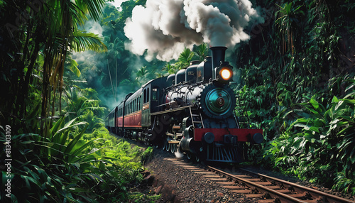 An old steam locomotive rushes through the dense jungle. a long train line-up. the train is traveling over the bridge. Railway Worker's Day