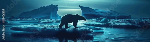 A silhouette of a polar bear standing on a melting ice floe against a glowing Arctic sky, symbolizing ice melt