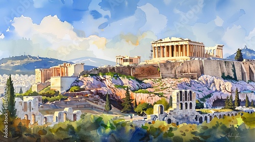 The painting depicts the iconic Parthenon of the Acropolis in Athens, with an acrobatic acrobat performing intricate moves in the foreground. The acrobat adds a dynamic element to the classical struct