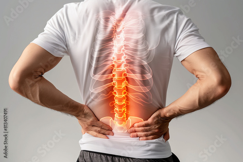 Man pain office syndrome at his back with highlight at backbone and spine.