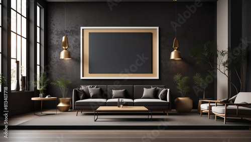 A dark-themed living room with a couch, chair, coffee table, end tables, lamps, plants, and a blank frame on the wall.
