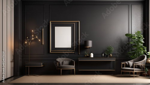 A dark-themed living room with a couch, chair, coffee table, end tables, lamps, plants, and a blank frame on the wall.