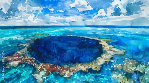 A detailed watercolor painting depicting the deep blue hues of the famous underwater sinkhole known as the Great Blue Hole. The painting showcases the unique geological formation set against the backd