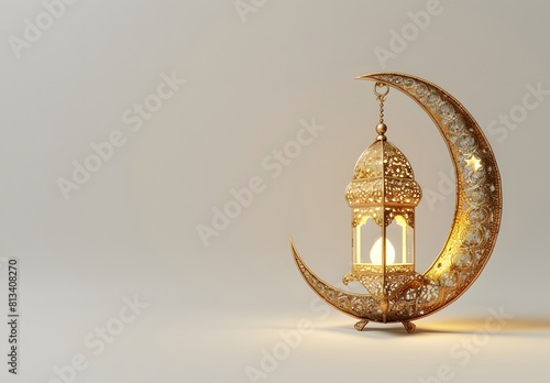 3D rendering of a golden lantern and crescent moon isolated on white background, copy space, Eid Ul Adha Mubarak, Islam, Religion concept