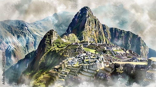 A watercolor illustration of a mountain with a village built on top of it, showcasing the intricacies of architecture blending with nature.