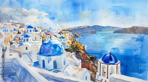 A watercolor painting showcasing a charming town with predominantly blue and white buildings situated by the ocean. The towns architecture is distinctive, featuring traditional Mediterranean design el