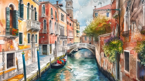 A painting of a canal in Venice with a gondola on it. The mood of the painting is serene and peaceful