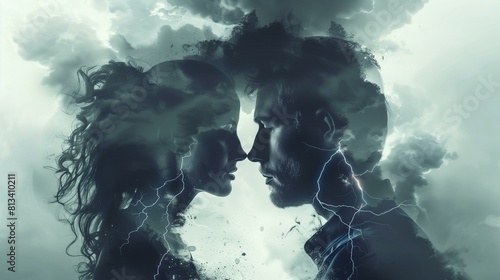 Man woman face each other stormy sky in background, love, passion, desire