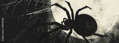 A spider is walking on a web in the moonlight. The spider is black and white, and the web is also black and white. Scene is eerie and mysterious