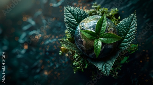 A small green planet is sitting on a leaf