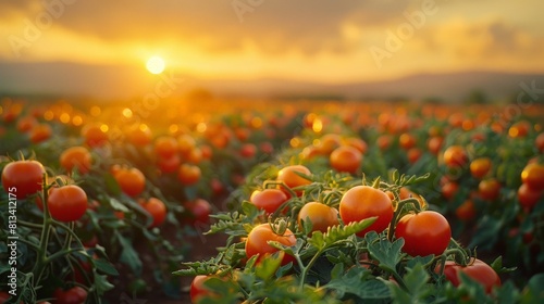 campo de tomates en primer plano con atardecer naranja de fondo, leica summicron 35mm f2.0, kodak portra 400, film grain