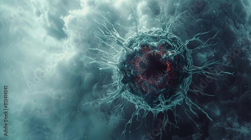A highly detailed image of a virus particle, depicted with intricate tendrils and a fiery red core, set against a cloudy atmospheric background.