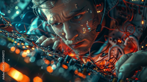 Illustrate a high-angle perspective of a technical support specialist heroically solving a complex issue on a computer screen with an intense expression Show cables and circuit boa