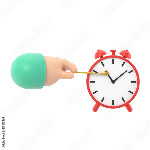 Stop time concept. Business metaphor.3D illustration flat design. Businessman in suit push back hour hand. Deadline. Time management.Supports PNG files with transparent backgrounds.