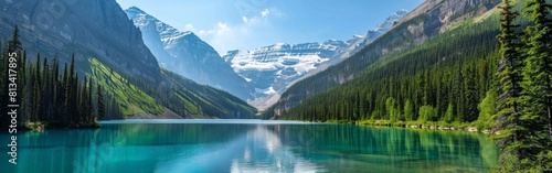 A beautiful mountain lake with a clear blue water. The mountains are covered with trees and the sky is clear