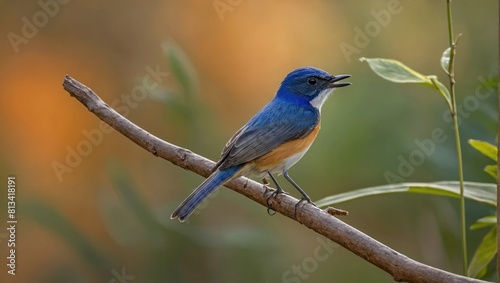 a blue and orange bird sitting on a branch with defocused orange blur