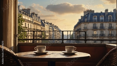 Two cups of coffee on a table on a balcony in french apartment