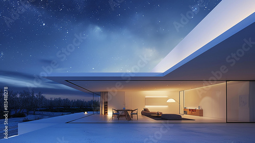 Minimalist cubic house with a panoramic skylight that spans the entire roof, offering views of the night sky.