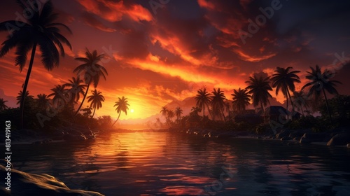 Generative AI Overhead shot showcasing the splendor of a serene island chain during sunset, with palm trees silhouetted against the fiery sky, creating a magical and captivating scene