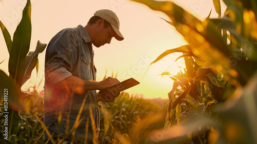 male farmer hand using tablet in corn field with to keep digital tax record