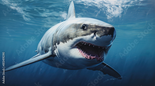 A great white shark swims through a clear blue ocean, sunlight filtering through the water.