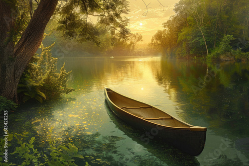 Serene lake with a canoe
