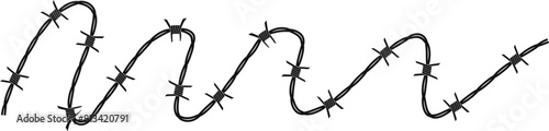 Twisted barbed wire silhouettes Steel black wire barb fence frames. Concept of protection, danger or security