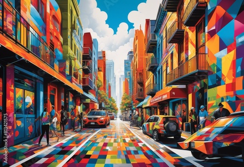 illustration, colorful urban street art lively districts, vibrant, graffiti, murals, cityscape, busy, bustling, neighborhood, city, vivid, dynamic, energetic, neighborhoods