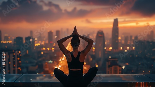 A young woman is sitting on a rooftop in the lotus position. She is wearing a black sports bra and black leggings.