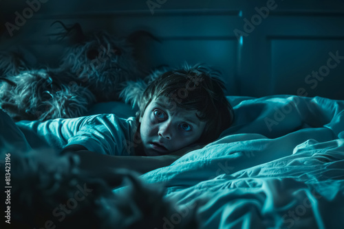 scared little boy in bed with open eyes because child afraid of the dark at night