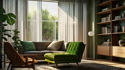 Within a modern living room, the soft glow of morning sunlight filters through sheer curtains