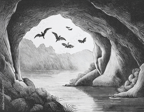 Vector underground karst cave with bats