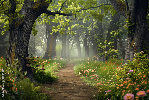 A beautiful fairytale enchanted forest with big trees and great vegetation Digital painting background 