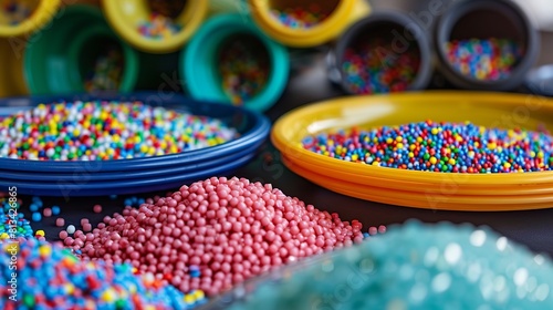 Plastic granules in vibrant colors and completed plastic plates