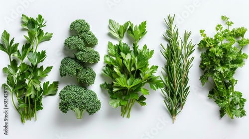A variety of herbs and greens on a white background.