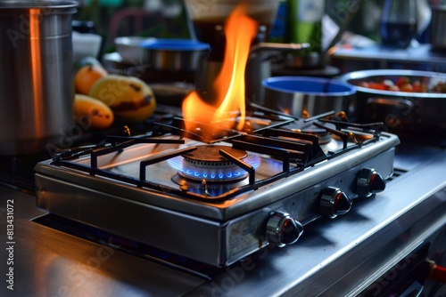 Gas Stove With Flame in a Kitchen