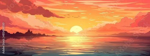 Beautiful sunset or sunrise on the sea in anime style.