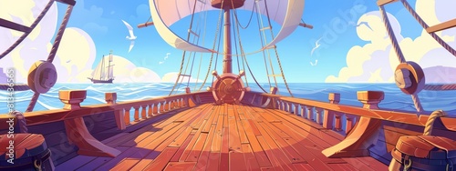 Cartoon illustration of deck of a pirate ship. Onboard view.