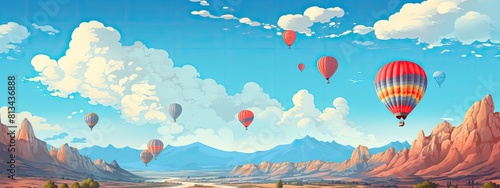 Landscape with flying balloons in Cappadocia. Summer cartoon illustration