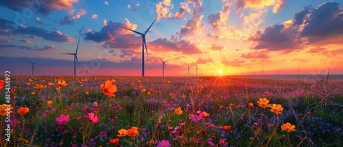 A field of flowers with windmills in the background at sunset.